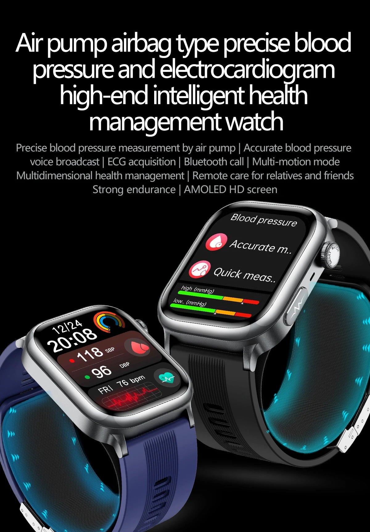 NFC Smart Watch Air Pump+Air Bag Accurate Blood Pressure Fat Health Measure BT Call Sports Tracking Sapphire Glass Smart Watch - Limetastore
