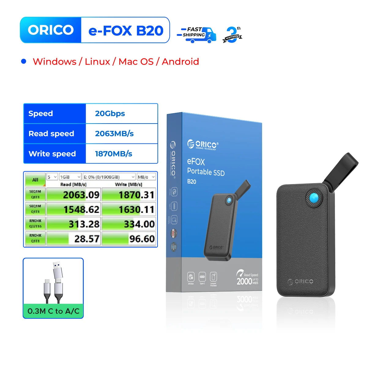 ORICO 2TB Ultra‑Mini Portable SSD – Up to 2000MB/s USB 3.2 Gen 2x2 External Solid State Drive