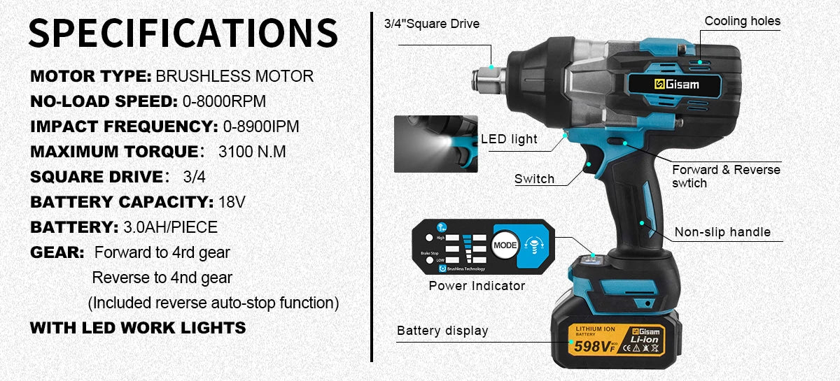 GISAM 3100N.M Brushless Electric Impact Wrench 3/4 Inch Cordless Torque Wrench Screwdriver Power Tool For Makita 18V Battery Pin