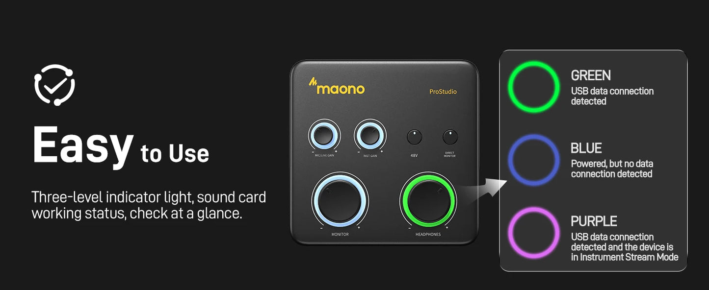 Maono PS22 Lite – USB Audio Interface 24‑bit/192 kHz | XLR Input, Loopback, ASIO Support, DAW Compatible for Music, Guitar & Recording