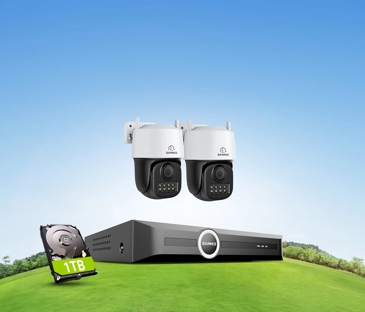 SANNCE 5MP PoE CCTV System | 4CH H.265 NVR, 5MP PT Cameras, Color Night Vision, Two‑Way Audio