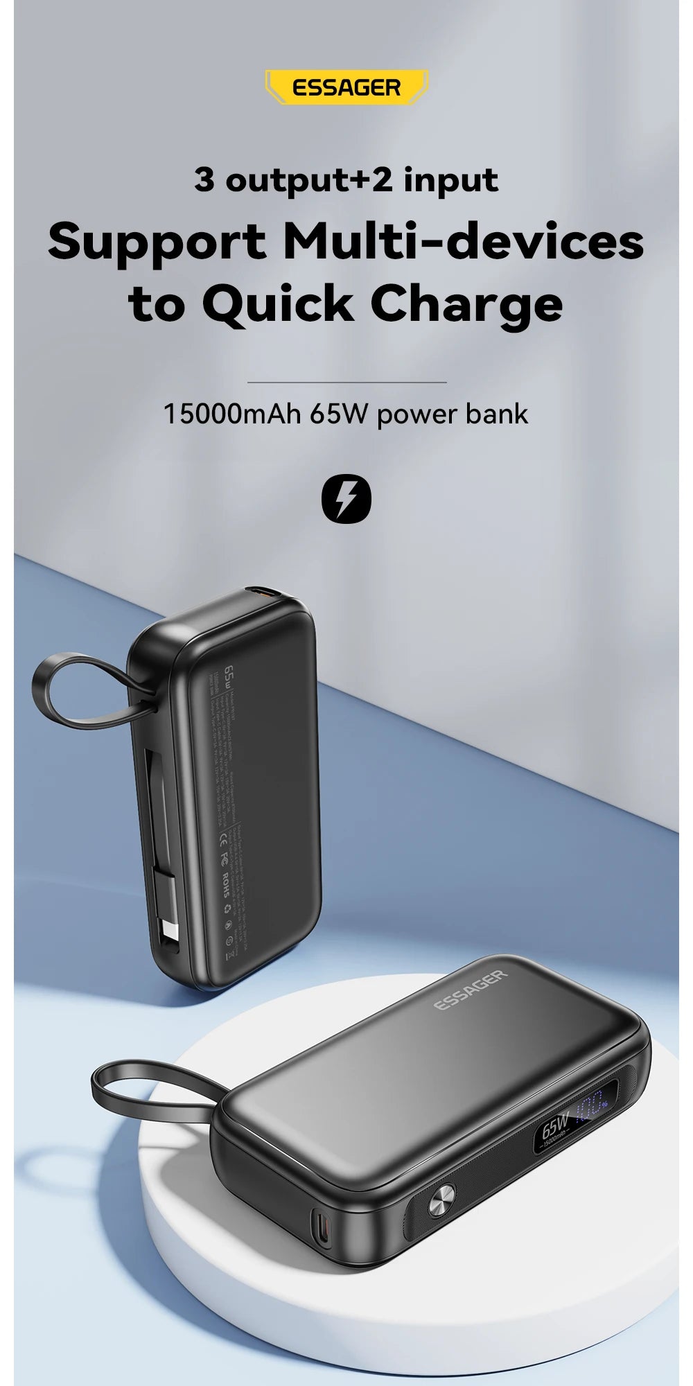 ESSAGER 15000mAh Power Bank 65W with USB-C Cable