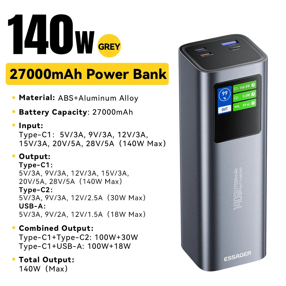 ESSAGER 140W USB-C Power Bank 27000mAh PD3.1 with Digital Display – Super Fast Charging