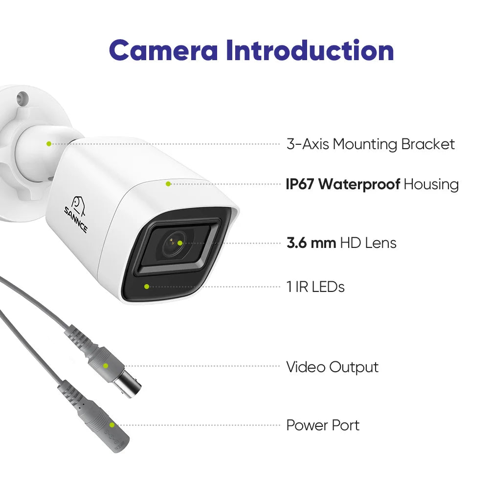 SANNCE 1080P 2MP CCTV Camera | IR‑Cut Night Vision, Audio Recording, Waterproof Housing (White)