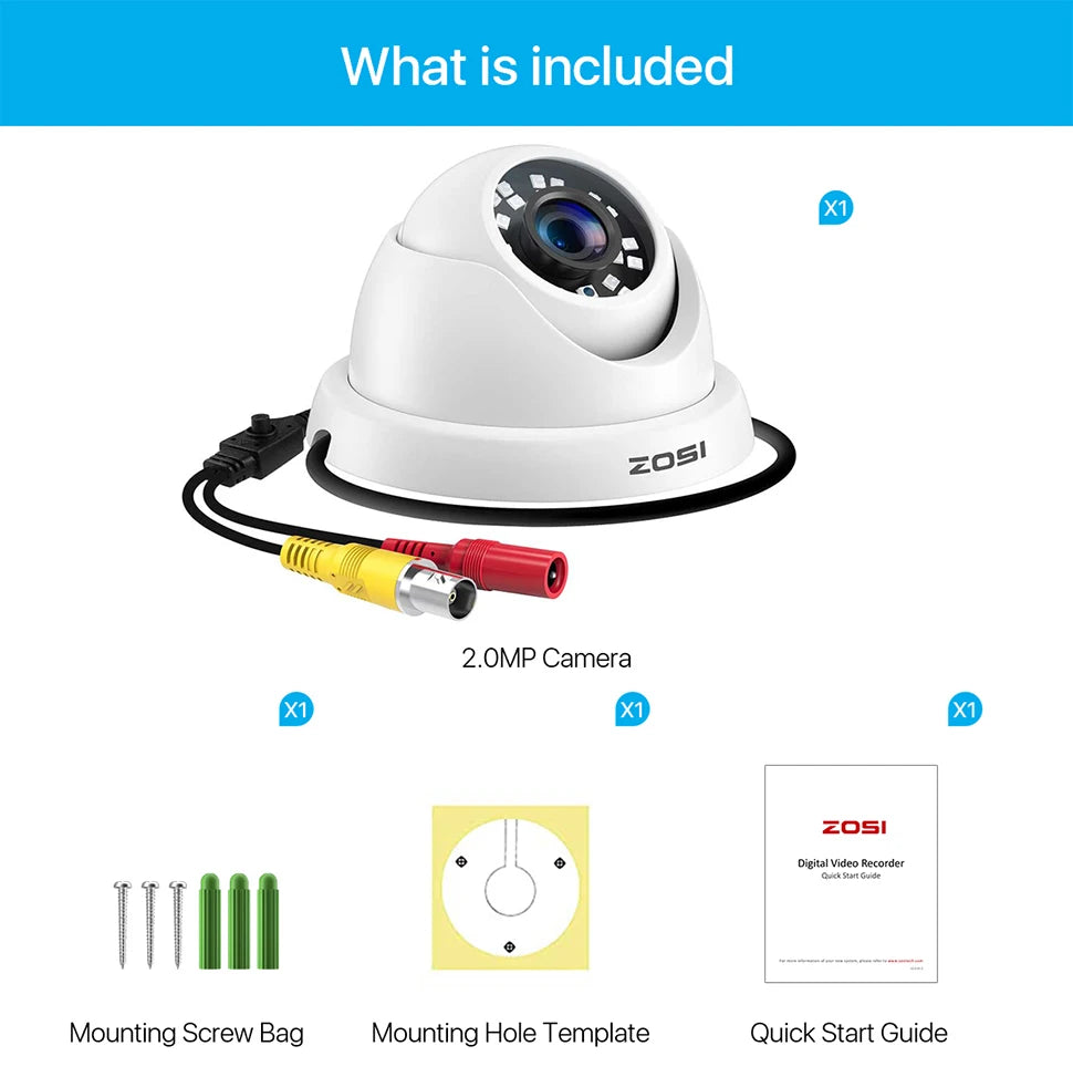 ZOSI 1080p 2MP 4‑in‑1 Dome Security Camera – TVI/CVI/AHD/CVBS Hybrid CCTV with IR