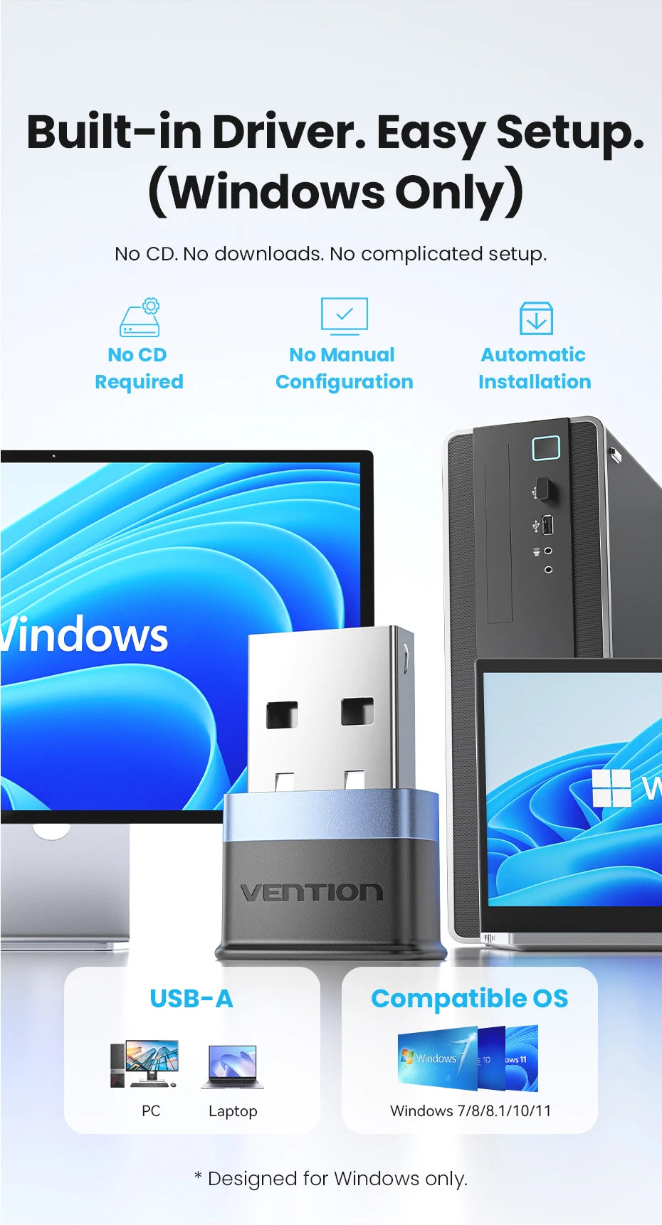 Vention WiFi 6 AX900 USB Adapter | Dual‑Band 2.4/5GHz Wireless Dongle for Windows PC & Laptop