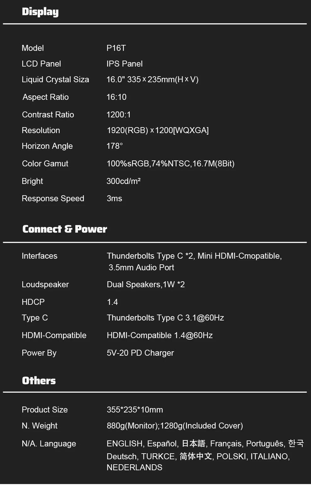 ZEUSLAP 16-palčni prenosni zaslon na dotik | 1200P IPS, 100 % sRGB, USB‑C in HDMI