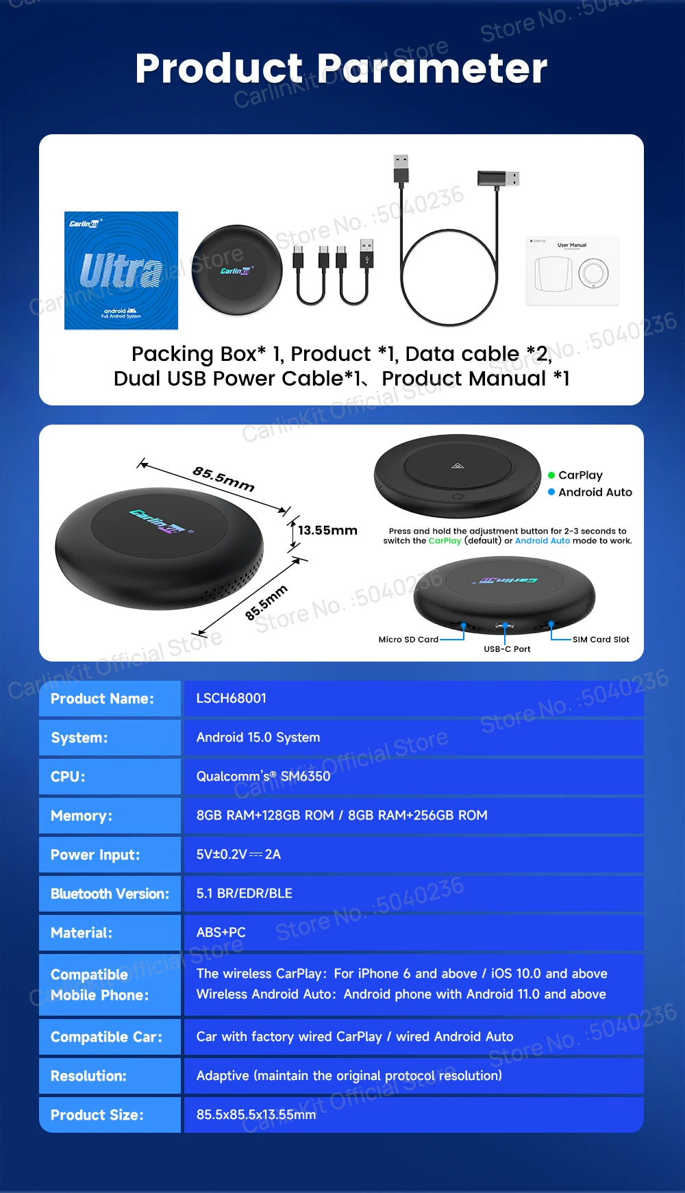CarlinKit Ultra2 Android 15 8+128GB Wireless CarPlay AI Box