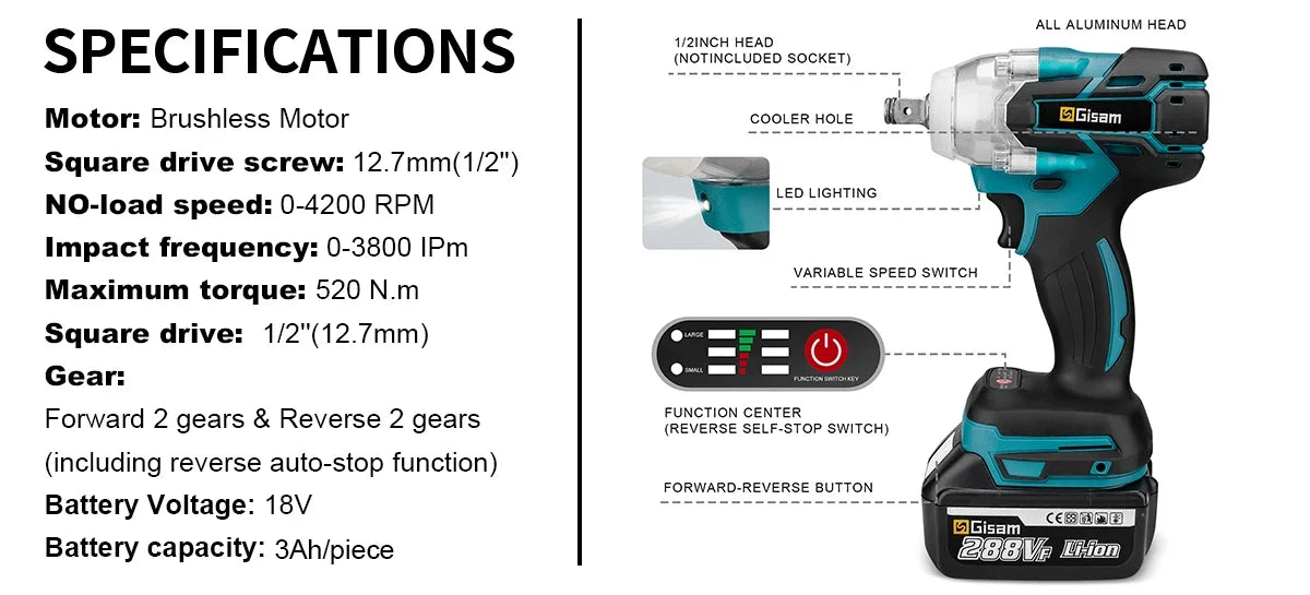 Gisam 520N.m Brushless Impact Wrench 1/2" for Makita 18V