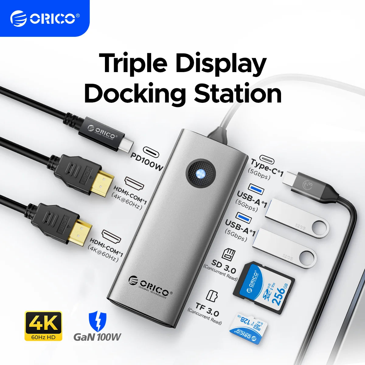 ORICO 8-v-1 zvezdišče USB-C trojna priklopna postaja z dvojnim HDMI 4K60Hz, vrati USB 3.0
