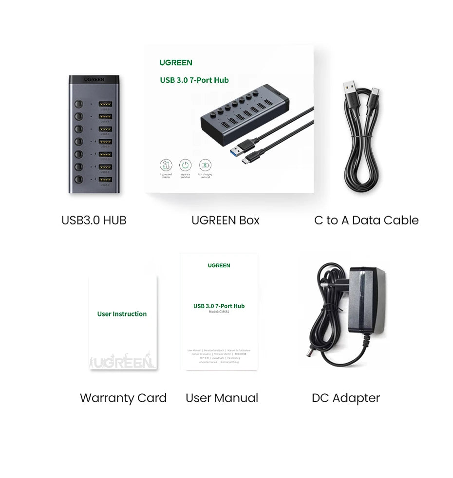 UGREEN 7‑Port USB 3.0 Hub with Individual Power Switches, 5Gbps High‑Speed Data