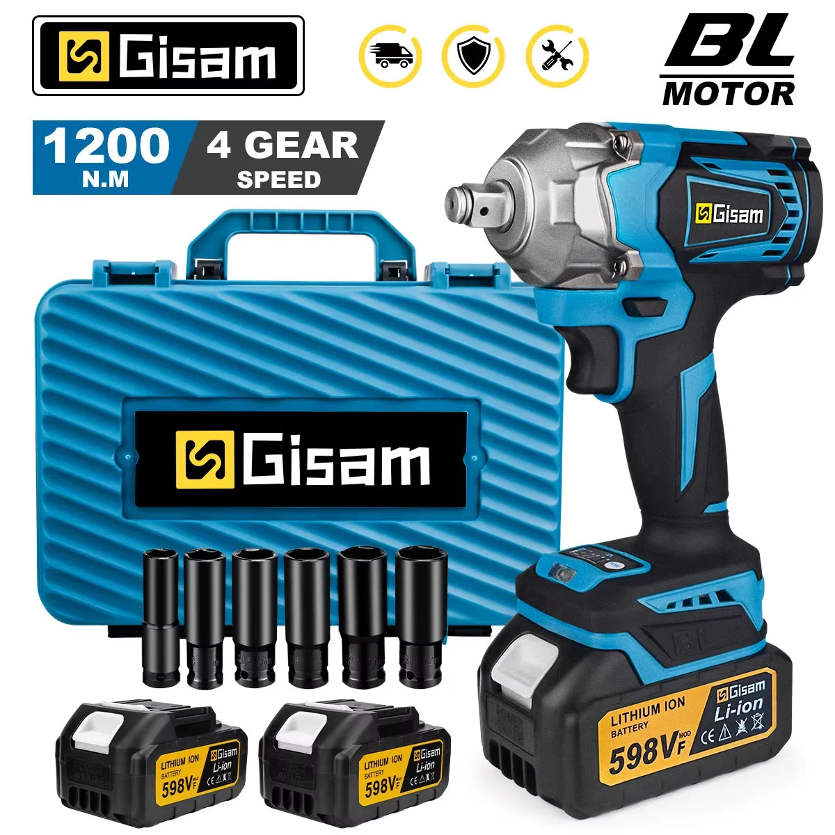Gisam 1200N.m Torque Brushless Electric Impact Wrench 1/2 inch Cordless Wrench Screwdriver