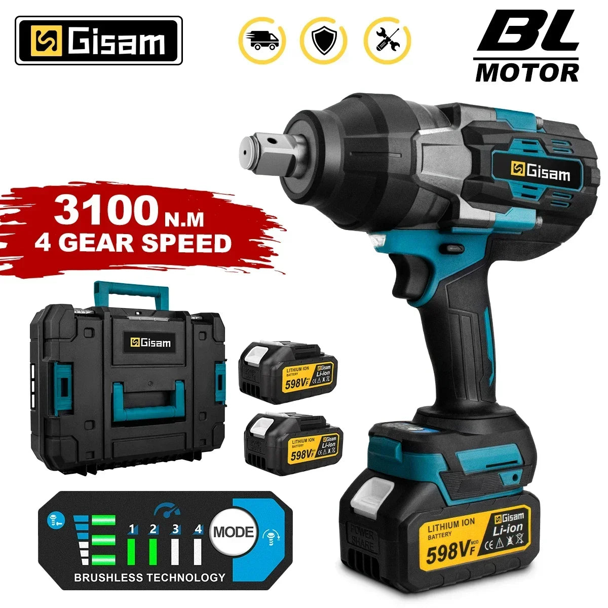 GISAM 3100N.M Brushless Electric Impact Wrench 3/4 Inch Cordless Torque Wrench Screwdriver Power Tool For Makita 18V Battery Pin