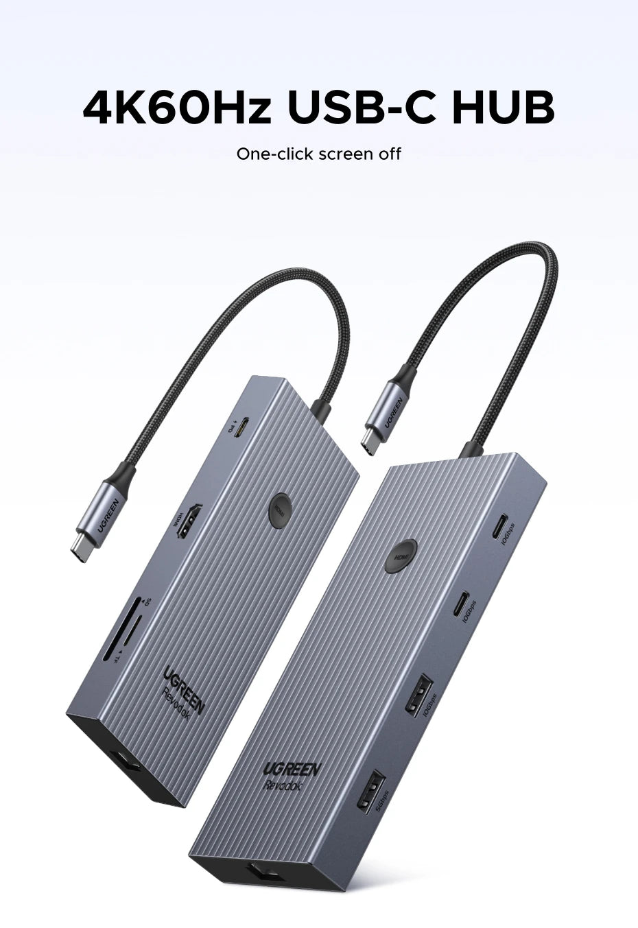 UGREEN 10Gbps USB‑C Hub with 4K60Hz HDMI, Gigabit RJ45, PD100W, SD/TF & USB‑A/C Ports