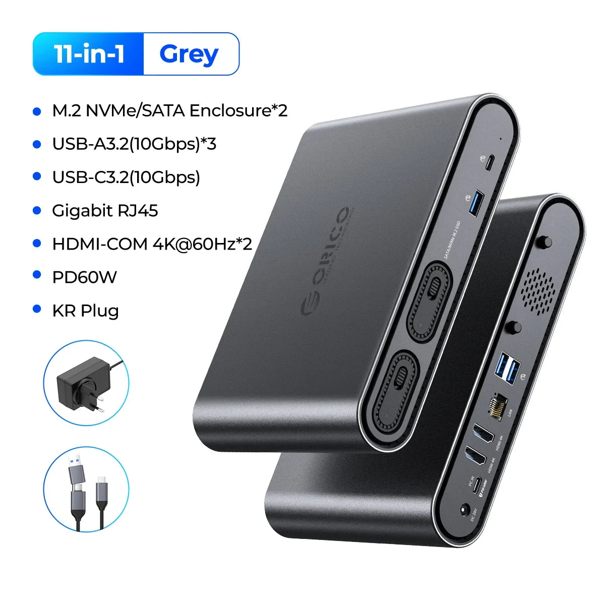 ORICO USB‑C Triple Display Docking Station with Dual M.2 NVMe/SATA SSD Enclosures
