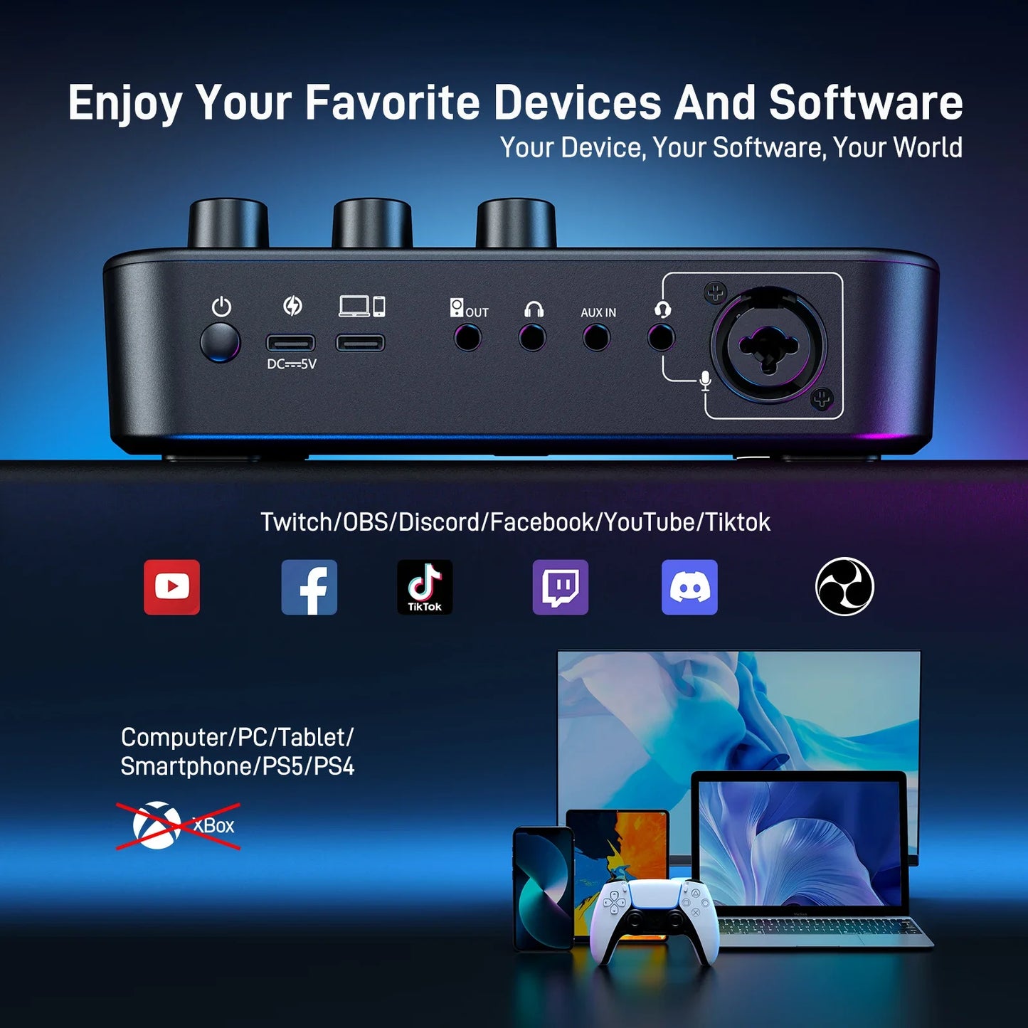 Maono G1 NEO – Gaming Audio Interface | 4‑Channel Mixer, Custom Sound Effects, RGB Lighting, XLR Input for Streaming & Podcasting