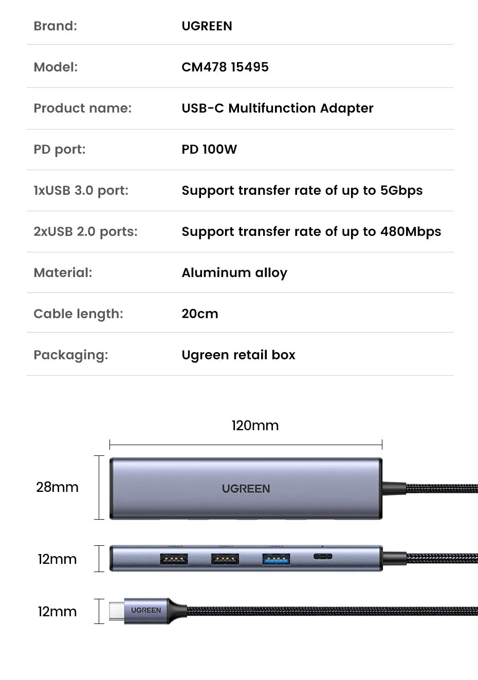 GREEN 7‑in‑1 USB‑C Hub with 4K HDMI, SD/TF, USB‑A 5Gbps, PD100W – Type‑C 3.1