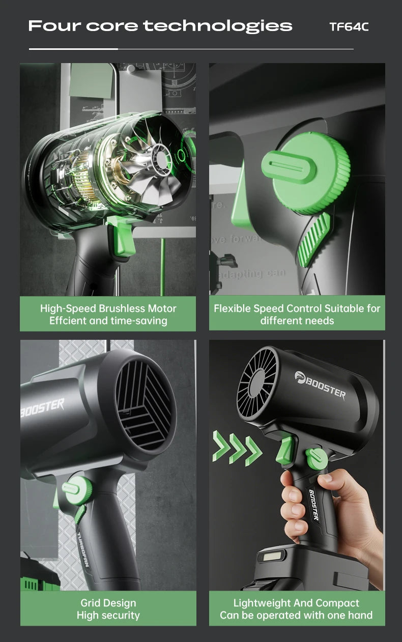 Booster 1300G Turbo Air Blower – 55m/s Brushless Jet Fan | Handheld High‑Power Leaf & Dust Blower