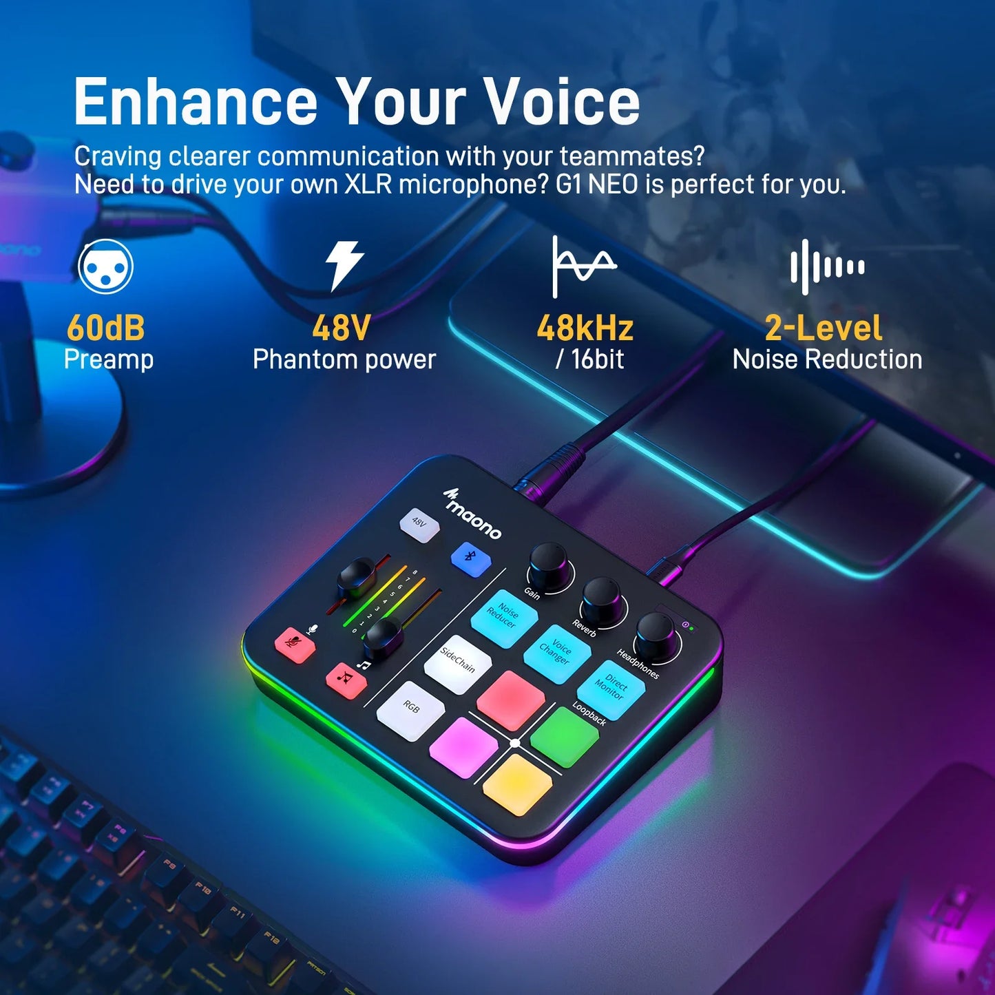 Maono G1 NEO – Gaming Audio Interface | 4‑Channel Mixer, Custom Sound Effects, RGB Lighting, XLR Input for Streaming & Podcasting