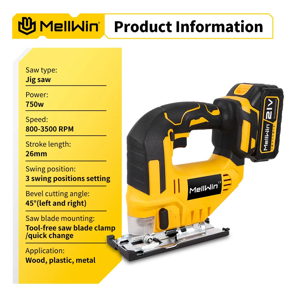 MELLWIN 3500RPM Cordless Electric JigSaw 31 Blade Wireless Curve Saw Multi-function Woodworking Tool For Makita 18V Battery Pin - Limetastore