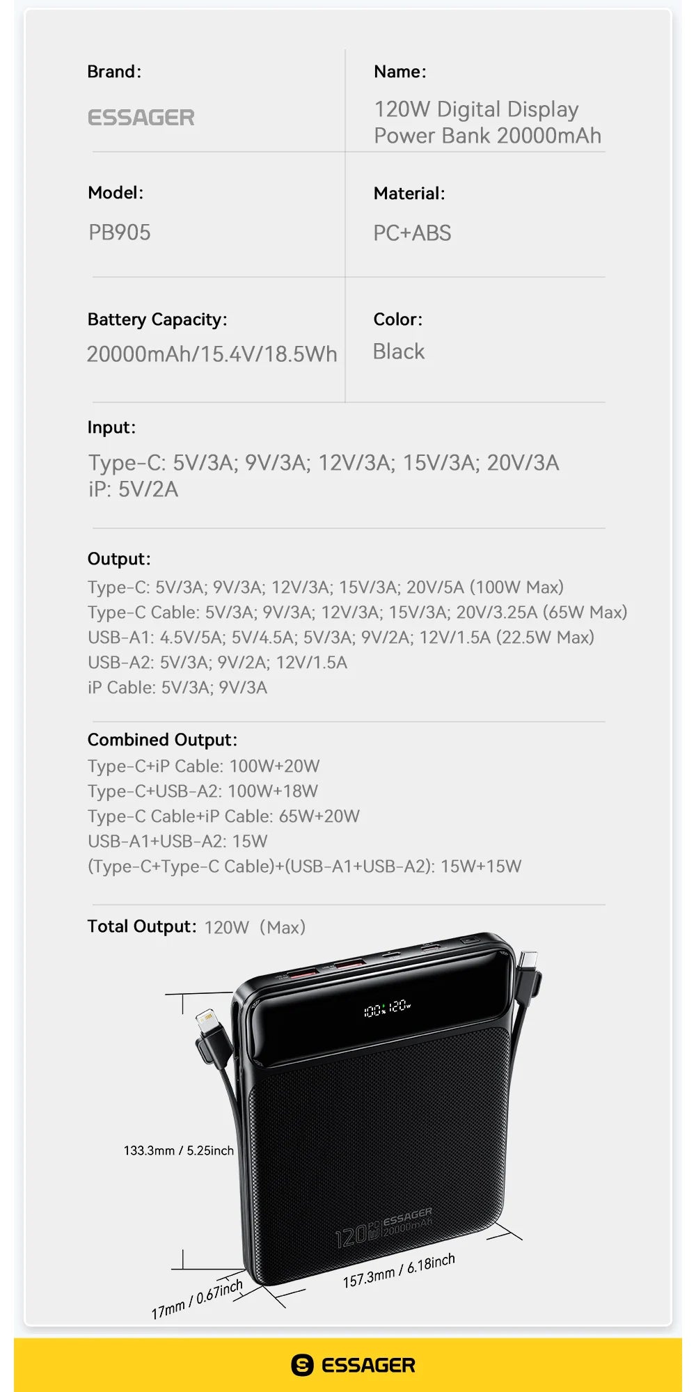 Essager 100W 20000mAh Power Bank – PD Fast Charging Portable External Battery