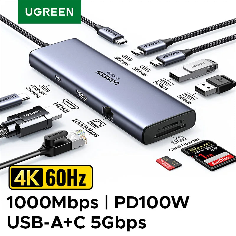 UGREEN 8‑in‑1 USB‑C Hub with 4K60Hz HDMI, Gigabit Ethernet, SD/TF, USB‑A & USB‑C