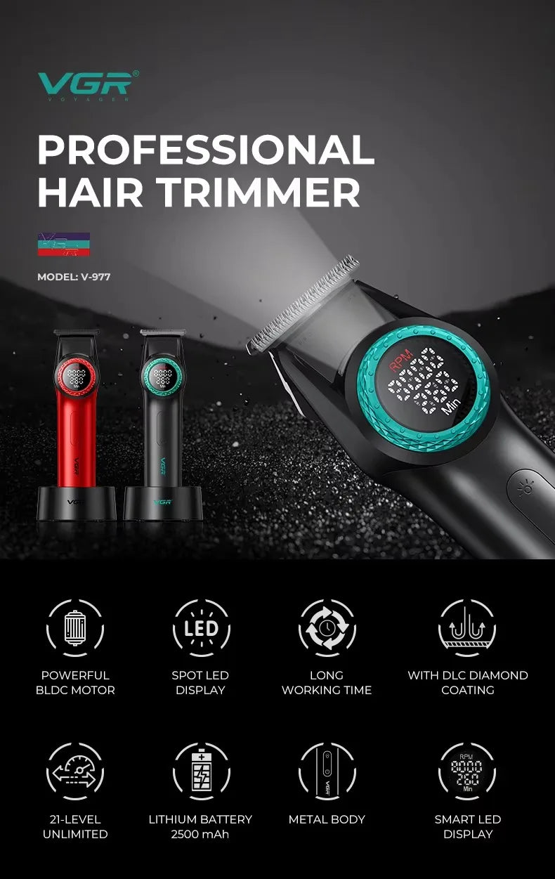 VGR Hair Trimmer Professional Hair Cutting Machine Electric Hair Clipper BLDC Motor Cordless Barber LED Trimmer for Men V-977