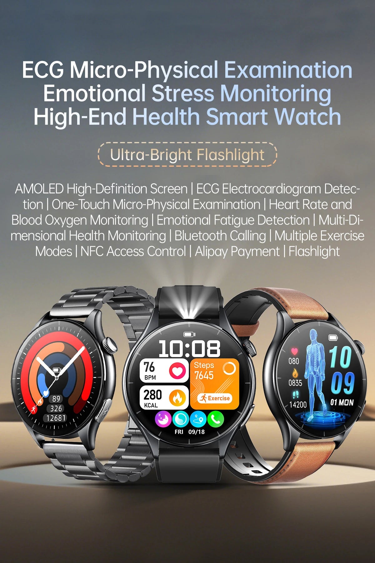 2025 New BMI Body Fat Blood Analysis Health Smartwatch NFC Bluetooth Call Smart Watch Led Flashlight Outdoor Sports Clock's Men - Limetastore