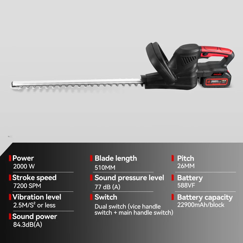 ONEVAN 2000W Cordless Hedge Trimmer Electric Household Trimmer Pruning Saw Rechargeable Hedge Trimmer For 21V 18v Battery