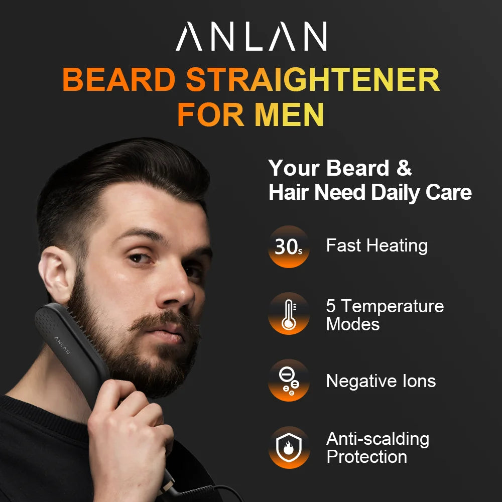 ANLAN Beard Straightening Brush | Heated Ceramic Comb, Quick Styling for Men