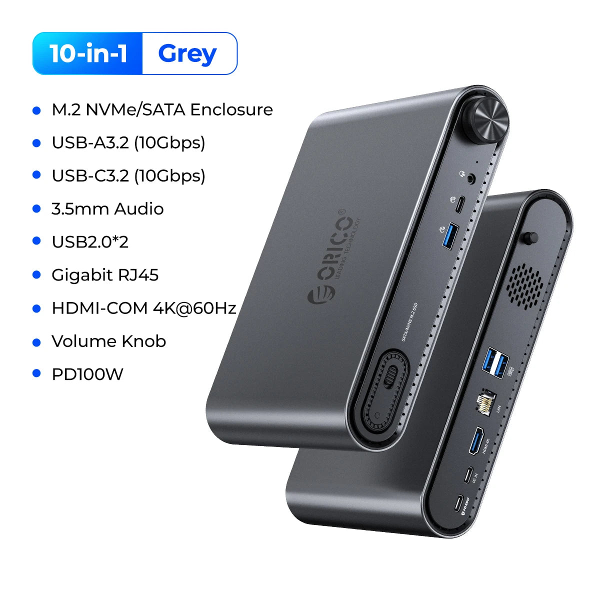 ORICO 10‑in‑1 USB‑C Docking Station with M.2 NVMe/SATA SSD Enclosure, 4K60Hz HDMI, PD100W