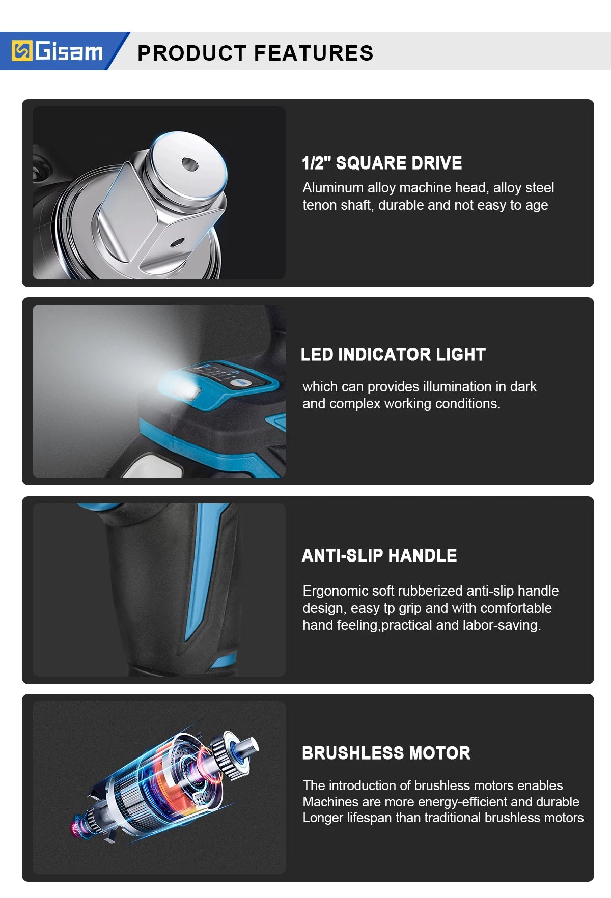 Gisam 1200N.m Brushless Impact Wrench 1/2"