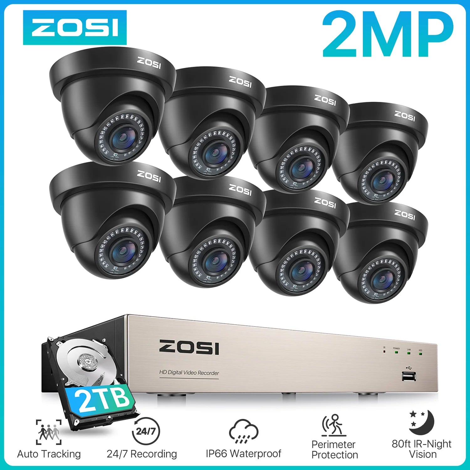 ZOSI 1080p 8CH Home CCTV Security System – H.265+ DVR with 2MP Indoor/Outdoor Dome Cameras
