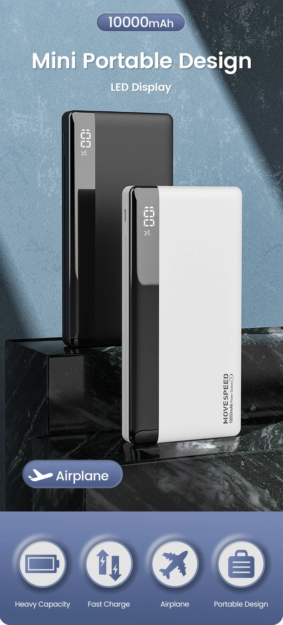 MOVESPEED K10 prenosna baterija 10000 mAh, dvojna vrata USB A, hitro polnjenje, velika zunanja baterija za iPhone 15 Pro, Samsung S23, Xiaomi 14