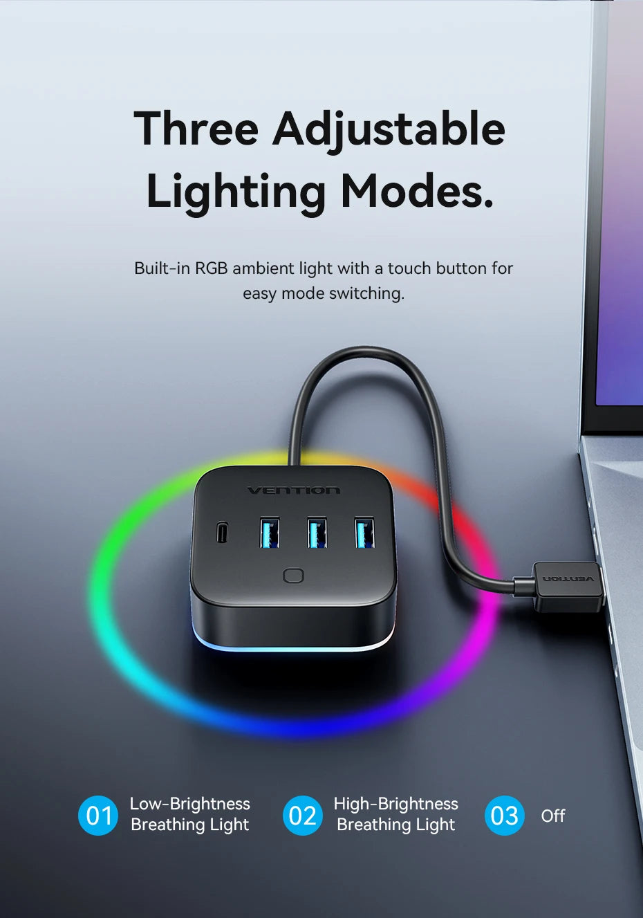 Vention USB 3.0 / USB‑C 3.2 Gen1 RGB Hub | 4‑Port 5Gbps Desktop Splitter for PC & Laptop