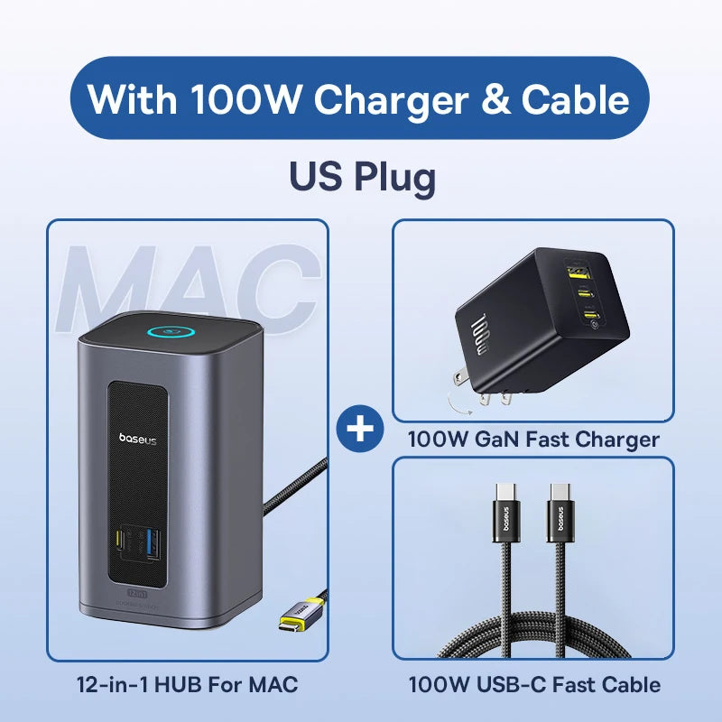Baseus 12‑in‑1 USB‑C HUB | DisplayPort + HDMI 4K@60Hz MST, USB 3.2, RJ45, PD 100W Docking Station