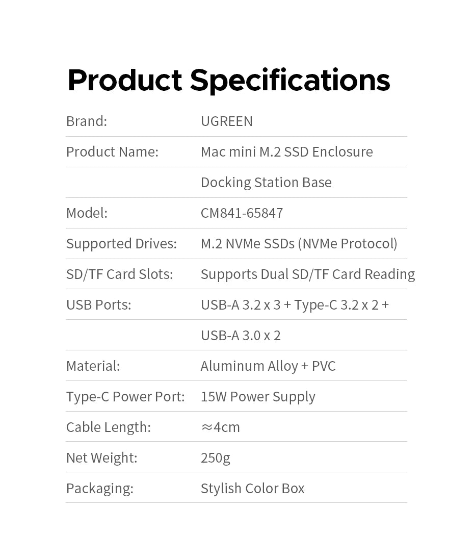 UGREEN USB‑C Docking Station for Mac Mini M4/M4 Pro with M.2 NVMe SSD Enclosure