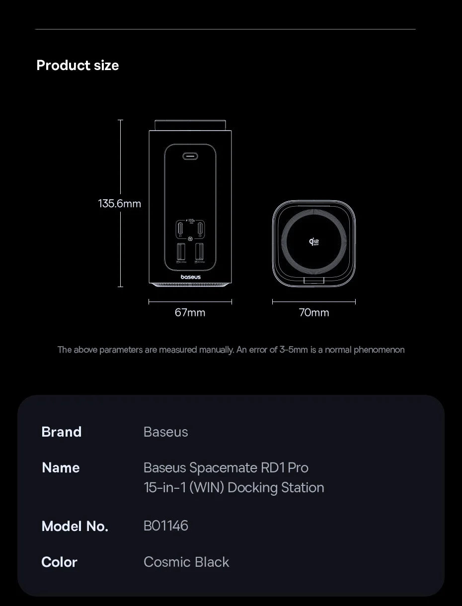Baseus 160W 15‑in‑1 USB‑C HUB | Dual HDMI 4K@120Hz, Qi2.2 25W Wireless Charger