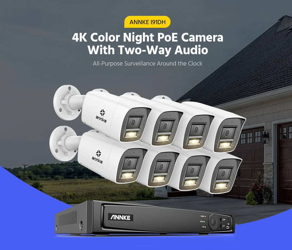 ANNKE 4K 8MP PoE CCTV System | 8CH NVR, Two‑Way Audio, Human & Vehicle Detection, 4mm Lens