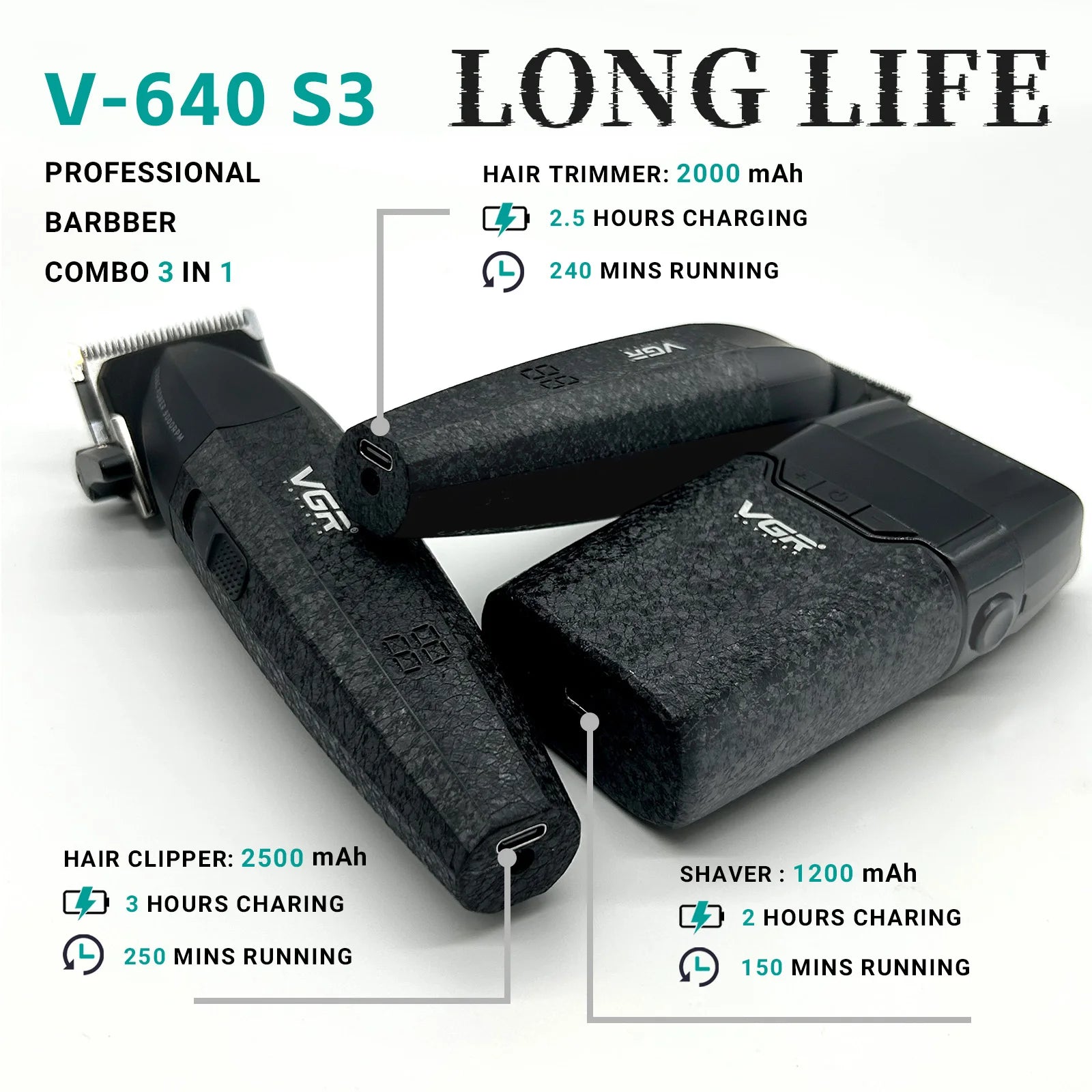 VGR Hair Trimmer Professional Hair Cutting Machine Electric Shaver Cordless Barber Clipper Rechargeable Trimmer for Men V-640