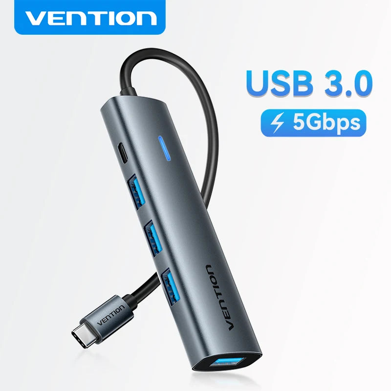 Vention USB‑C to USB‑A 4‑Port Hub | High‑Speed USB 3.0 Splitter for MacBook & Laptops