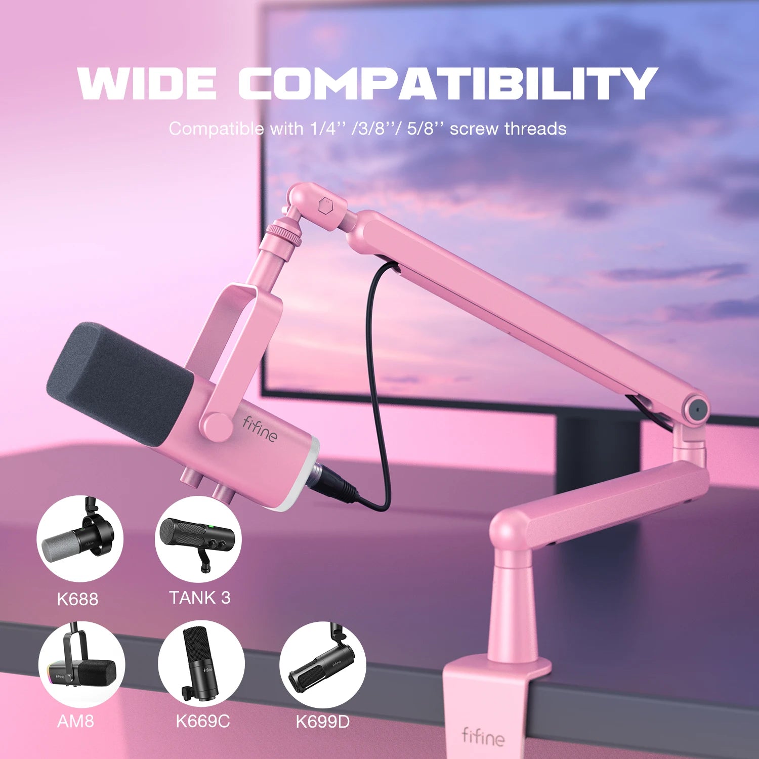 FIFINE BM88P Pink Low Profile Mic Boom Arm | Professional Metal Stand