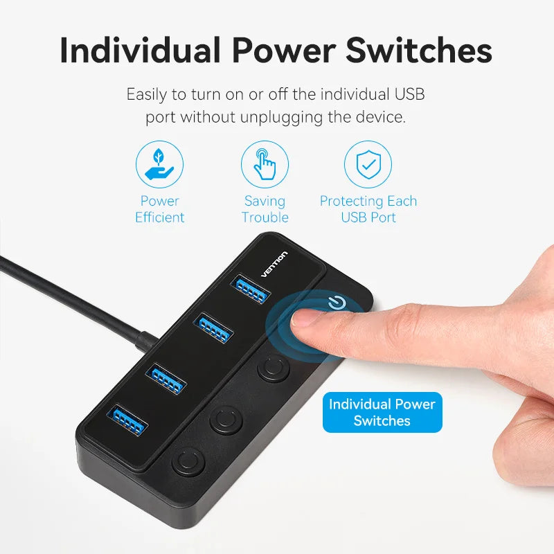 Vention USB 3.0 HUB with Individual Switches | 5Gbps High‑Speed USB‑A Port Extender