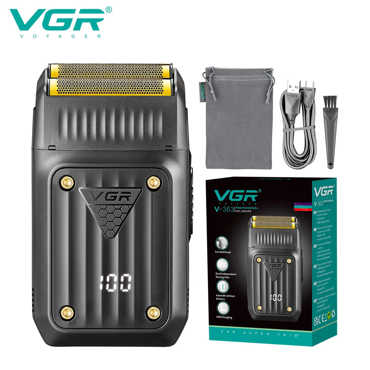 VGR Shaver Electric Razor Professional Beard Trimmer Rechargeable Razor Digital Display Razor Reciprocating Shaver for Man V-363