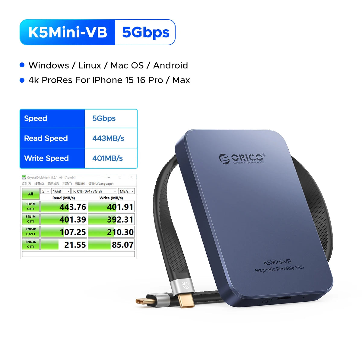 ORICO K5MINI‑VB 480GB Portable SSD – 460MB/s USB 3.2 External Solid State Drive