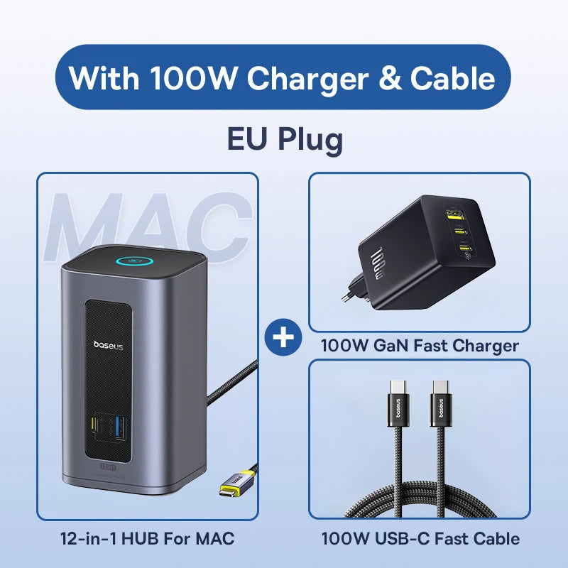 Baseus 12‑in‑1 USB‑C HUB | DisplayPort + HDMI 4K@60Hz MST, USB 3.2, RJ45, PD 100W Docking Station