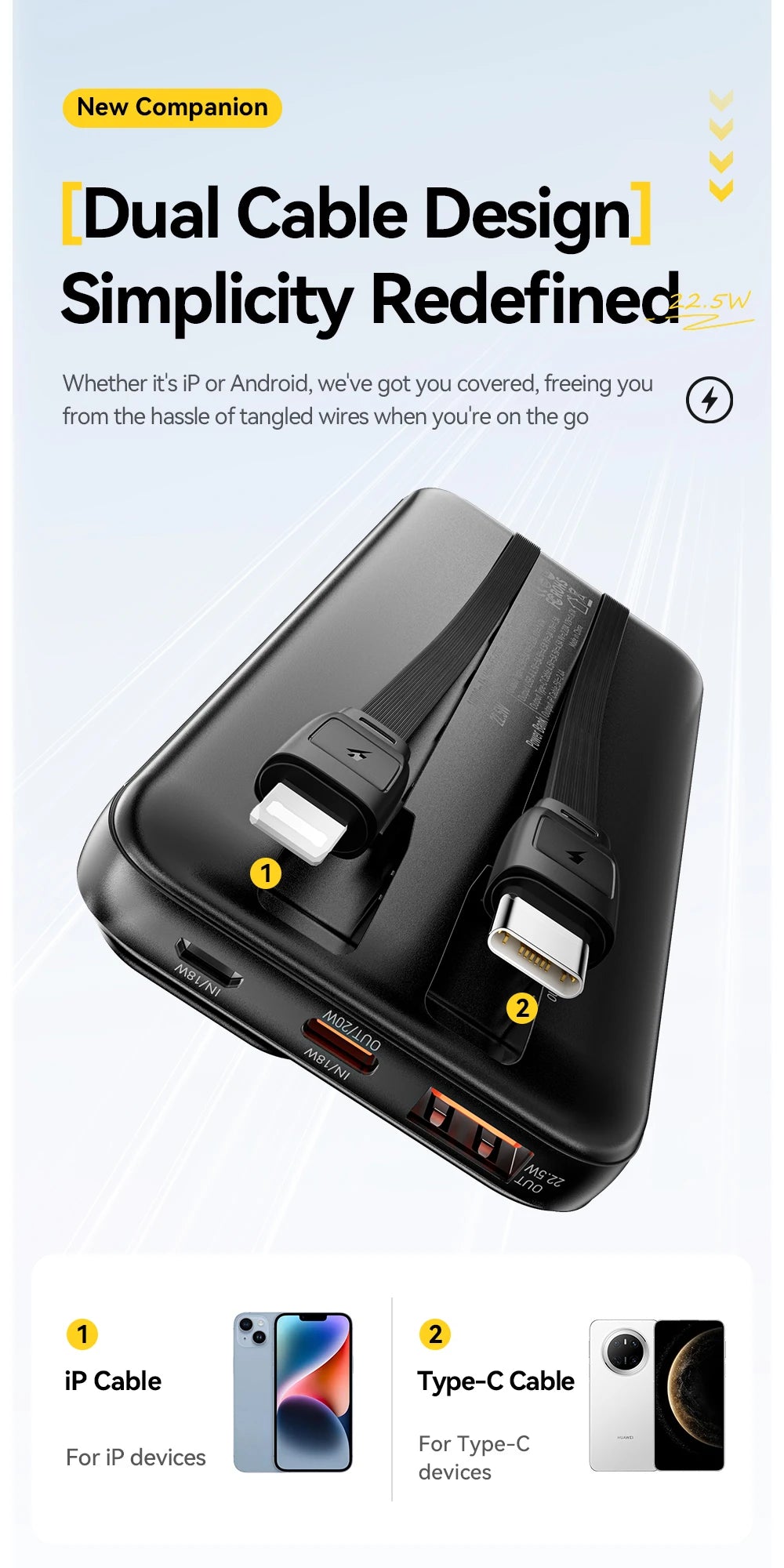 ESSAGER 20000mAh Power Bank with Two Built-in Cables 22.5W PD