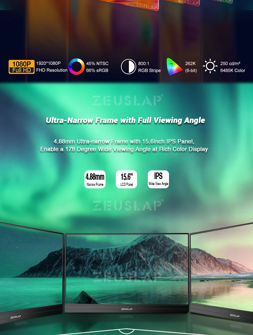 ZEUSLAP 15.6" Portable Monitor | Ultrathin 1080P FHD HDR IPS, Touch/Non‑Touch, USB‑C & HDMI