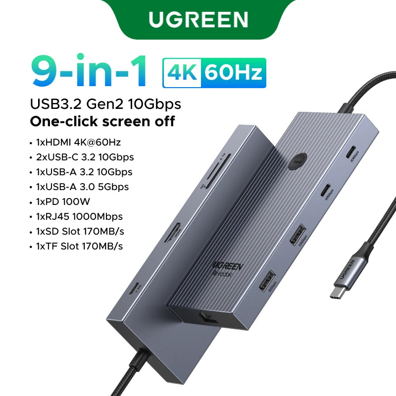 UGREEN 10Gbps USB‑C Hub with 4K60Hz HDMI, Gigabit RJ45, PD100W, SD/TF & USB‑A/C Ports