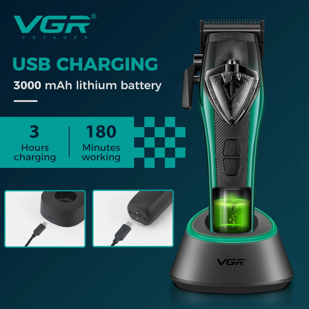 VGR Hair Trimmer Professional Hair Cutting Machine Vector Motor Hair Clipper 11000 RPM Barber Cordless Trimmer for Men V-883 S2
